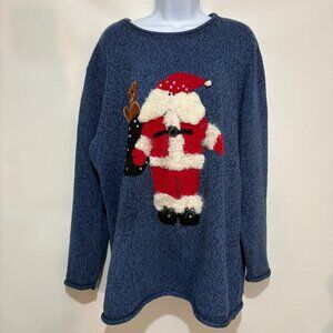 Quacker Factory 2X Ugly Christmas Santa Claus Bells Blue Pullover Knit Sweater